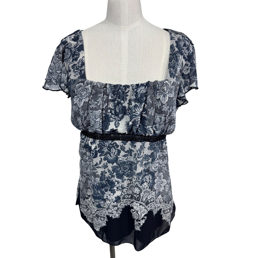 Dressbarn Large Blue Floral Blouse Women's Square Neck Flutter Sleeve Tie Back
